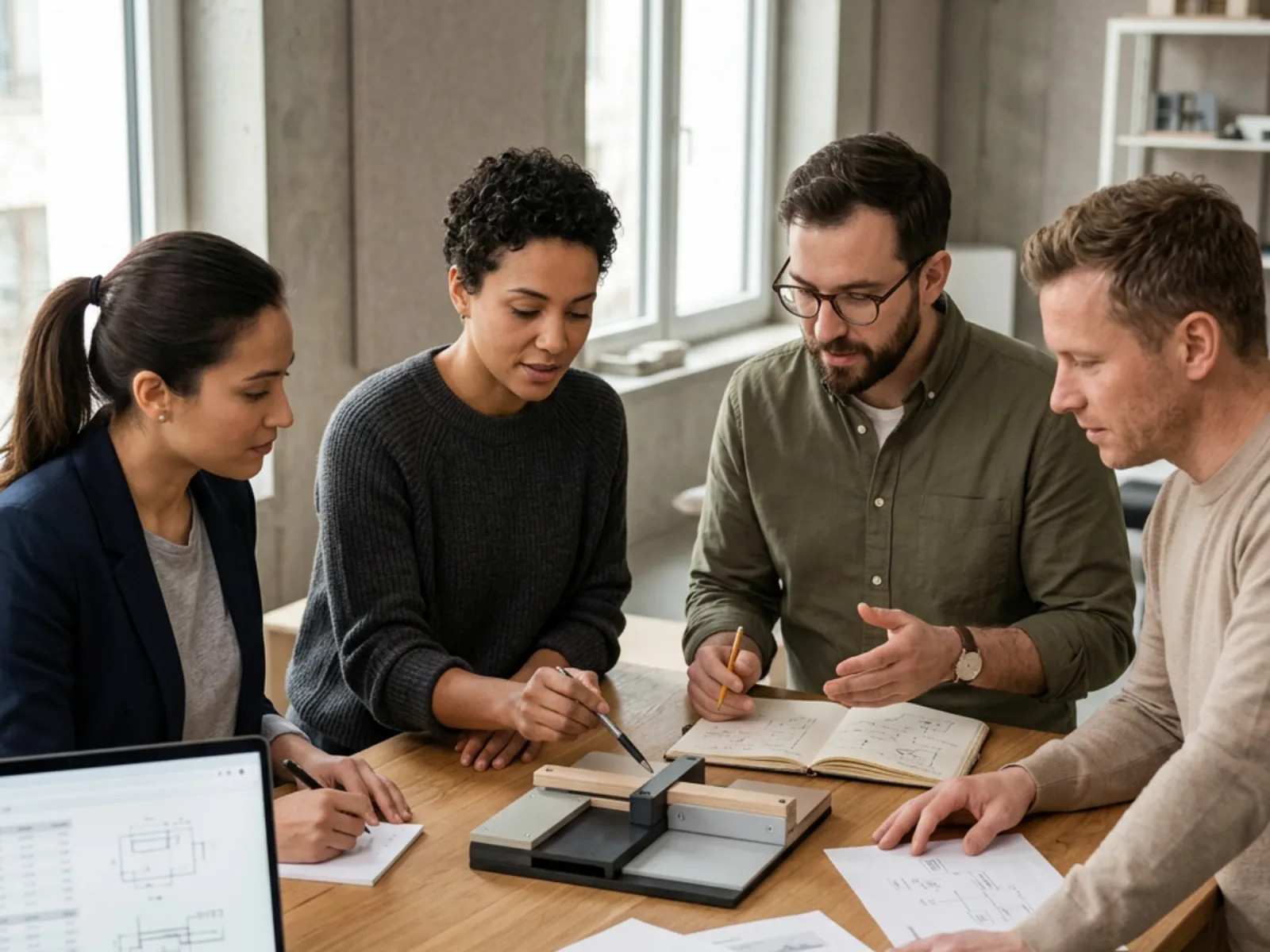 Four colleagues gathered around a table, reviewing documents and an open notebook together beside a laptop.