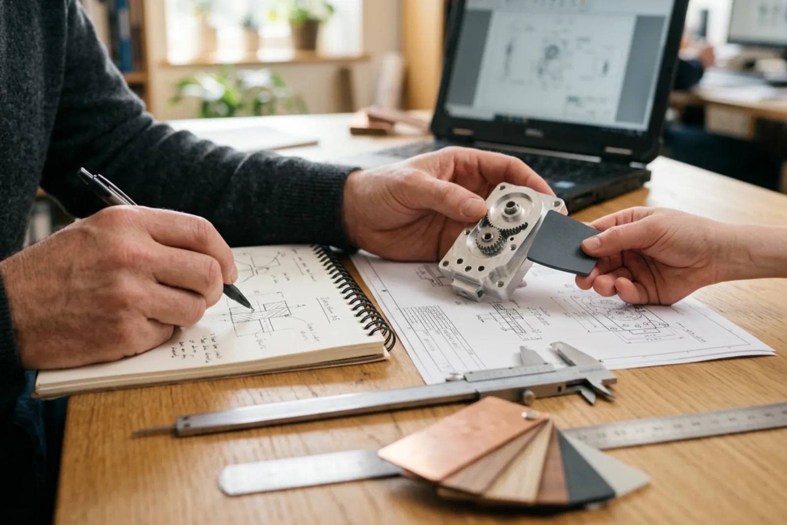 Two people at a desk: one writes in a notebook while the other hands over a small circuit board, beside a laptop showing schematics, rulers, and a fan of material swatches.