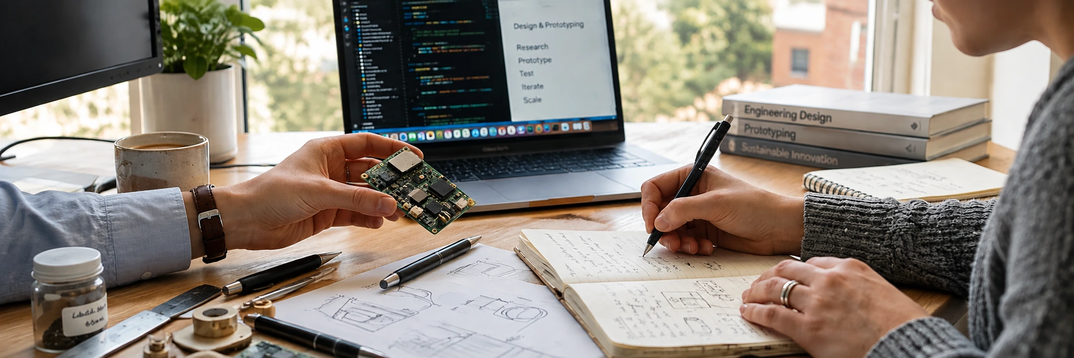 Two people working at a desk: one holds a small circuit board, the other sketches in a notebook, beside a laptop showing a design and prototyping workflow.